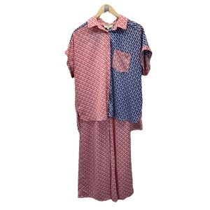 Entro Color block abstract satin Top And Pant Set Size S drawstring button up